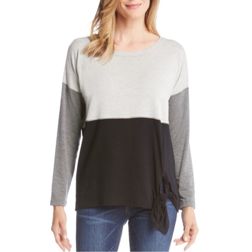 Karen Kane Martinique Tie-Front Pullover Blouse Black Tan and Grey size M
